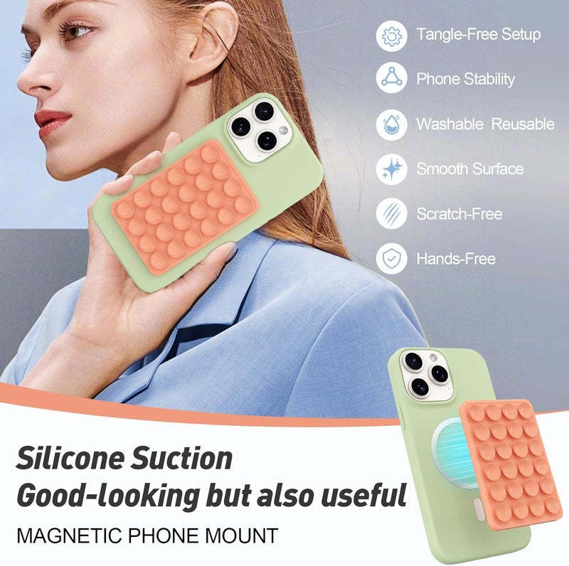 OPOM Magnetic Suction Phone Mount for MagSafe Case,Silicone Sticky Phone Grip Holder for iPhone,Removable Hands-Free Selfie/Video for TikTok & Instagram Influencer/Creator (Orange) - Image 3
